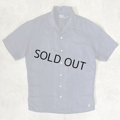 画像1: 90'S RALPH LAUREN シルク/リネン 裾ロゴ 半袖 オープンカラーシャツ ネイビー (VINTAGE)