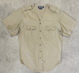 90'S RALPH LAUREN ノーカラー Vネック 半袖 サファリシャツ ベージュ (VINTAGE)