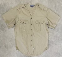 90'S RALPH LAUREN ノーカラー Vネック 半袖 サファリシャツ ベージュ (VINTAGE)
