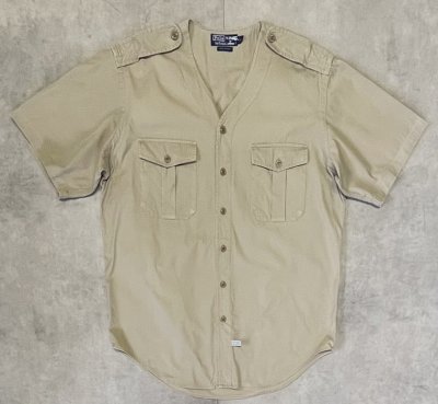 画像1: 90'S RALPH LAUREN ノーカラー Vネック 半袖 サファリシャツ ベージュ (VINTAGE)