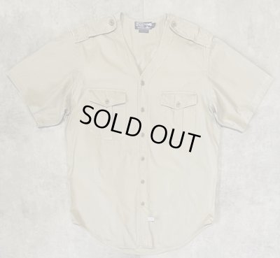 画像1: 90'S RALPH LAUREN ノーカラー Vネック 半袖 サファリシャツ ベージュ (VINTAGE)