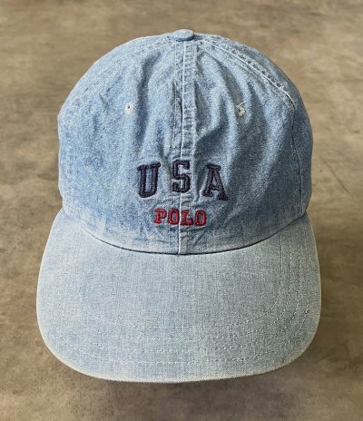 画像2: 90'S RALPH LAUREN POLO SPORT "USA POLO" シャンブレー ベースボールキャップ ブルー USA製 (VINTAGE)