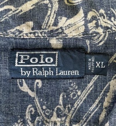 画像2: 90'S RALPH LAUREN リネン/コットン 半袖 オープンカラーシャツ インディゴ/鯉柄 (VINTAGE)