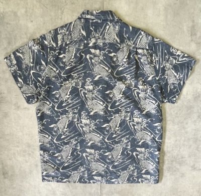 画像4: 90'S RALPH LAUREN リネン/コットン 半袖 オープンカラーシャツ インディゴ/鯉柄 (VINTAGE)