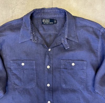 画像3: 90'S RALPH LAUREN チンスト＆マチ付き リネンシャツ ダークブルー (VINTAGE)