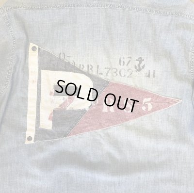 画像8: 90'S RALPH LAUREN 猫目メタルボタン チンスト＆マチ付き シャンブレーシャツ ブルー (VINTAGE)