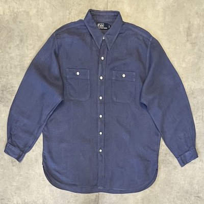 画像1: 90'S RALPH LAUREN チンスト＆マチ付き リネンシャツ ダークブルー (VINTAGE)