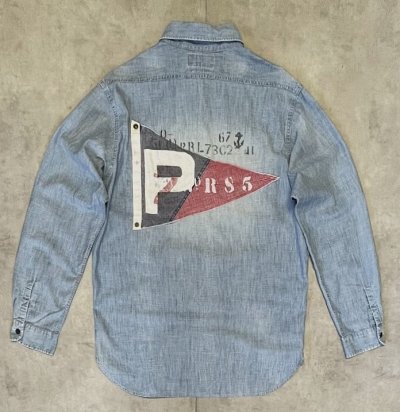 画像7: 90'S RALPH LAUREN 猫目メタルボタン チンスト＆マチ付き シャンブレーシャツ ブルー (VINTAGE)