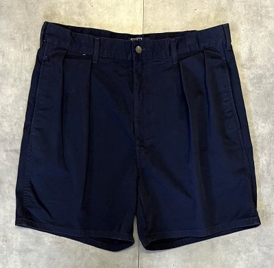 画像1: 90'S RALPH LAUREN "ボックスロゴ" ツープリーツ チノショーツ ネイビー TALONジップ USA製 (VINTAGE)
