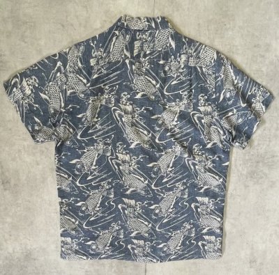 画像4: 90'S RALPH LAUREN リネン/コットン 半袖 オープンカラーシャツ インディゴ/鯉柄 (VINTAGE)