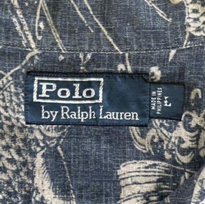 画像2: 90'S RALPH LAUREN リネン/コットン 半袖 オープンカラーシャツ インディゴ/鯉柄 (VINTAGE)