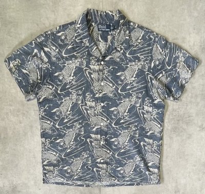 画像1: 90'S RALPH LAUREN リネン/コットン 半袖 オープンカラーシャツ インディゴ/鯉柄 (VINTAGE)