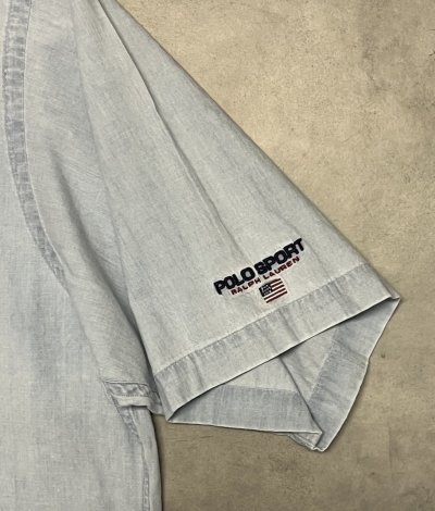 画像4: 90'S RALPH LAUREN POLO SPORT チンスト付き ハーフジップ 半袖 シャンブレーシャツ ブルー (VINTAGE)