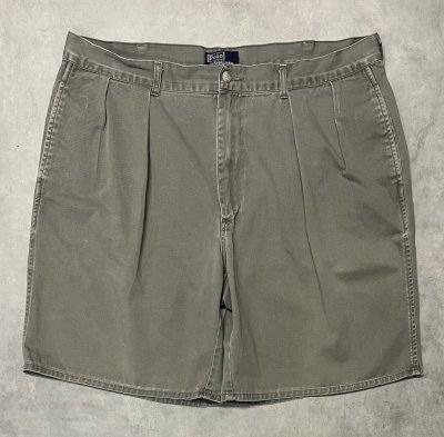 画像1: 90'S RALPH LAUREN "ボックスロゴ" ツープリーツ チノショーツ カーキ USA製 (VINTAGE)