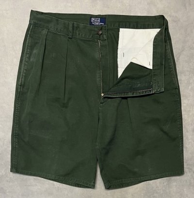 画像3: 90'S RALPH LAUREN "ボックスロゴ" ツープリーツ チノショーツ ダークグリーン TALONジップ USA製 (VINTAGE)