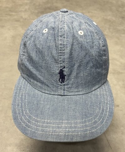 画像2: 90'S RALPH LAUREN POLO SPORT ロゴ刺繍 シャンブレー ベースボールキャップ ブルー USA製 (VINTAGE)