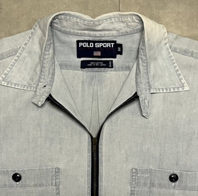 画像3: 90'S RALPH LAUREN POLO SPORT チンスト付き ハーフジップ 半袖 シャンブレーシャツ ブルー (VINTAGE)