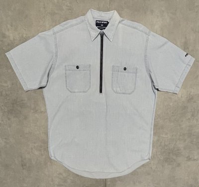 画像1: 90'S RALPH LAUREN POLO SPORT チンスト付き ハーフジップ 半袖 シャンブレーシャツ ブルー (VINTAGE)