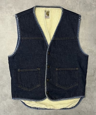 画像1: 70'S CARHARTT プリントタグ 裏地ボア デニムベスト インディゴ USA製 (VINTAGE)