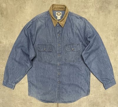 画像1: 80'S BANANA REPUBLIC 初期タグ 襟コーデュロイ デニムシャツ ライトインディゴ USA製 (VINTAGE)