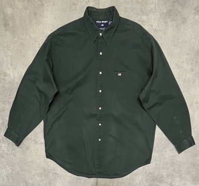 画像1: 90'S RALPH LAUREN POLO SPORT "LOWELL SPORT" ツイル レギュラーカラーシャツ ダークグリーン (VINTAGE)
