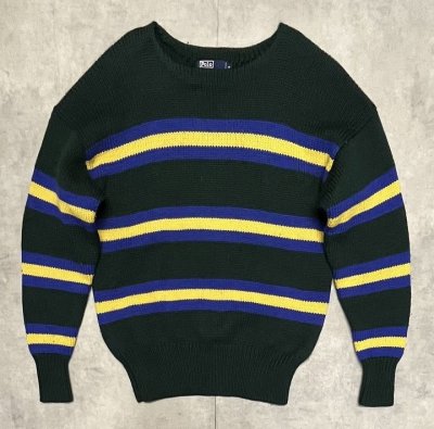 画像1: 90'S RALPH LAUREN ウール100% ローゲージ ボーダーニット ダークグリーン (VINTAGE)