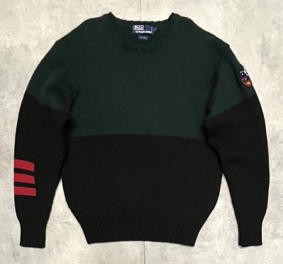 画像1: 90'S RALPH LAUREN "SUICIDE SKI" ウール100% ローゲージ ニット ダークグリーン/ブラック (VINTAGE)