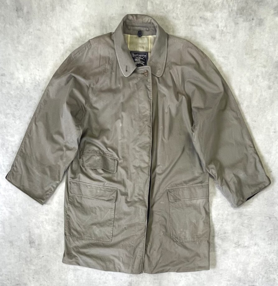 80'S BURBERRYS コットン/ウール 裏地チェック バルマカーンコート カーキ/ネイビー イングランド製 (VINTAGE) 「Jacket」入荷しました。