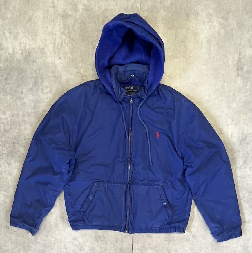 90'S RALPH LAUREN チンスト付き フード付き 裏地フリース ドリズラージャケット ダークブルー (VINTAGE) 「Jacket」入荷しました。