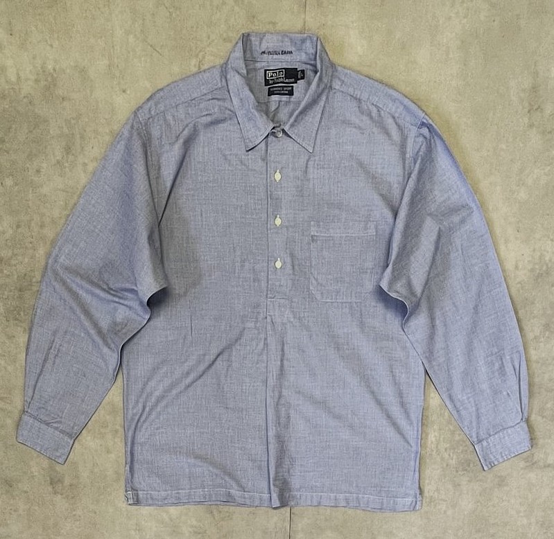 90'S RALPH LAUREN "CLARENCE SPORT" 刷毛目ポプリン 長袖 プルオーバーボックスシャツ ブルー (VINTAGE) 「L/S Shirt」入荷しました。