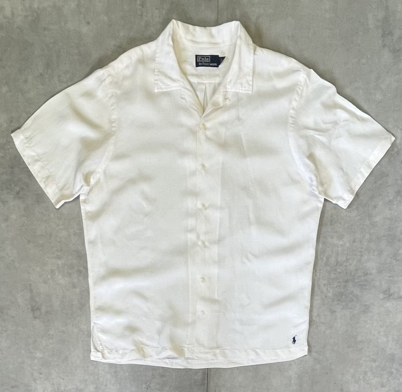 90'S RALPH LAUREN シルク/リネン 裾ロゴ 半袖 オープンカラーシャツ オフホワイト (VINTAGE)「S/S Shirt」入荷しました。