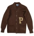 画像1: RALPH LAUREN ウール Pレザー レタードカーディガン BROWN (VINTAGE)