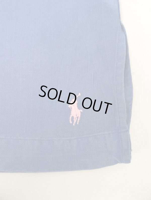 画像3: 90'S RALPH LAUREN シルク/リネン 裾ロゴ刺繍 長袖 オープンカラーシャツ ブルー (VINTAGE)