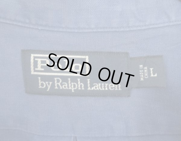 画像2: 90'S RALPH LAUREN シルク/リネン 裾ロゴ刺繍 長袖 オープンカラーシャツ ブルー (VINTAGE)
