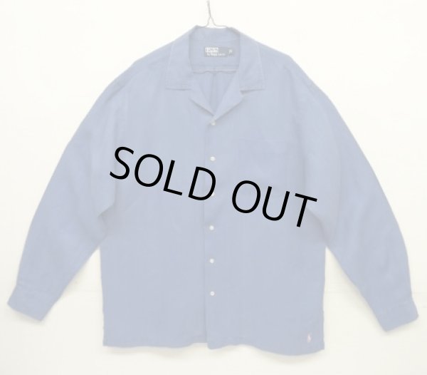 画像1: 90'S RALPH LAUREN シルク/リネン 裾ロゴ刺繍 長袖 オープンカラーシャツ ブルー (VINTAGE)