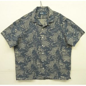 画像: 90'S RALPH LAUREN リネン/コットン 半袖 オープンカラーシャツ インディゴ/鯉柄 (VINTAGE)
