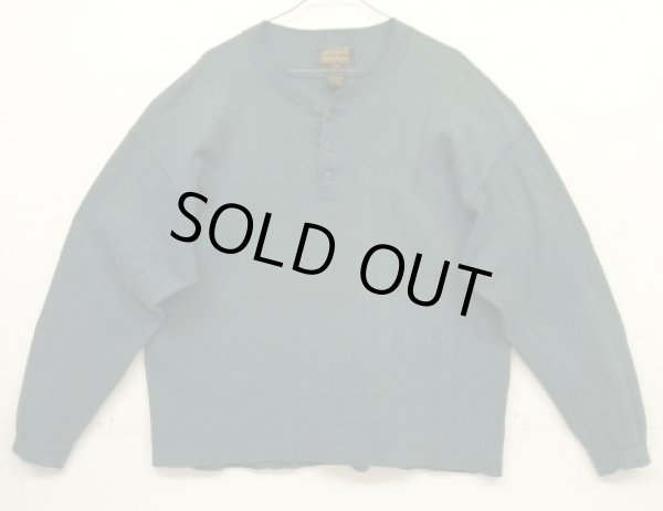 画像1: 90'S EDDIE BAUER 黒タグ シングルステッチ 針抜きリブ 猫目ボタン ヘンリーネック 長袖 Tシャツ ダークグリーン USA製 (VINTAGE)