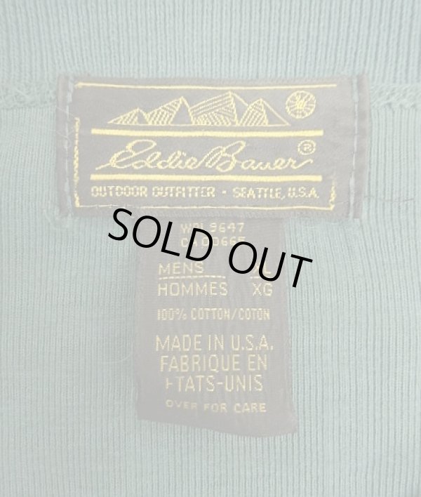 画像2: 90'S EDDIE BAUER 黒タグ シングルステッチ 針抜きリブ 猫目ボタン ヘンリーネック 長袖 Tシャツ ダークグリーン USA製 (VINTAGE)