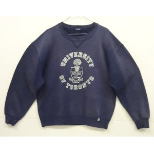 画像: 90'S RUSSELL ATHLETIC 前Vガゼット付き プリント入り クルーネック スウェットシャツ フェードネイビー (VINTAGE)