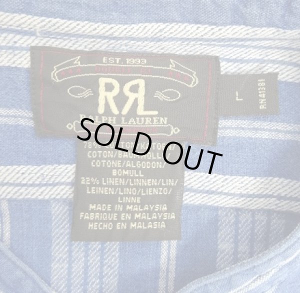画像2: 90'S RRL 初期 三ツ星タグ コットン/リネン マチ付き バンドカラーシャツ インディゴストライプ (VINTAGE)