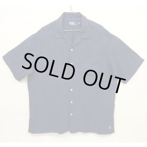 画像: 90'S RALPH LAUREN シルク/リネン 裾ロゴ 半袖 オープンカラーシャツ ネイビー (VINTAGE)