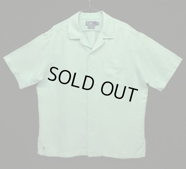 画像1: 90'S RALPH LAUREN "CALDWELL" シルク/リネン 裾ロゴ 半袖 オープンカラーシャツ ミントグリーン (VINTAGE)