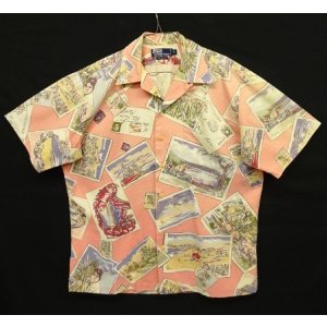 画像: 90'S RALPH LAUREN コットン 半袖 オープンカラーシャツ ピンク/ポストカード柄 (VINTAGE)