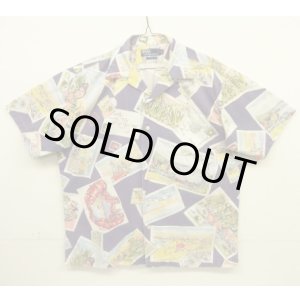 画像: 90'S RALPH LAUREN コットン 半袖 オープンカラーシャツ ネイビー/ポストカード柄 (VINTAGE)