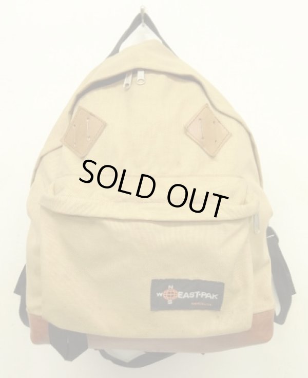 画像1: 70'S EASTPAK "NEWSタグ" ボトムレザー ナイロン バックパック ベージュ USA製 (VINTAGE)