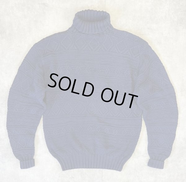 画像1: 90'S RALPH LAUREN "HAND KNIT" タートルネック フィッシャーマンセーター ネイビー (VINTAGE) 