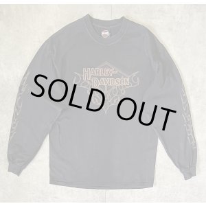 画像: 00'S HARLEY DAVIDSON 両面プリント 袖フレイム 長袖 Tシャツ フェードブラック USA製 (VINTAGE)