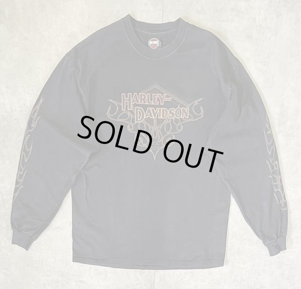 画像1: 00'S HARLEY DAVIDSON 両面プリント 袖フレイム 長袖 Tシャツ フェードブラック USA製 (VINTAGE)