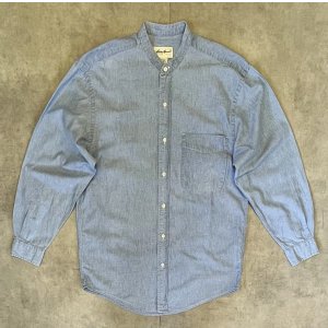 画像: 90'S EDDIE BAUER 白タグ シャンブレー バンドカラーシャツ ブルー (VINTAGE)