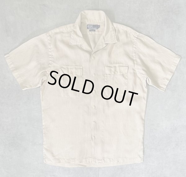画像1: 90'S RALPH LAUREN リネン フラップ付きポケット 半袖 オープンカラーシャツ ベージュ (VINTAGE)